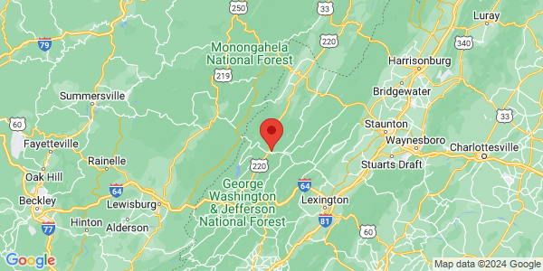 Map with marker: Hybrid topographical and road map showing an orange pointer centered on Hot Springs, VA.